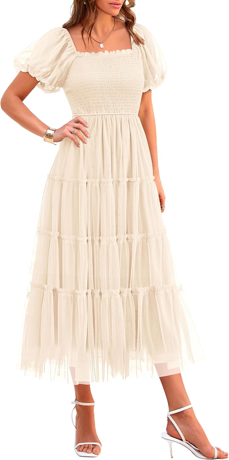 PRETTYGARDEN Women's Smocked Midi Tulle Dress for Summer Events