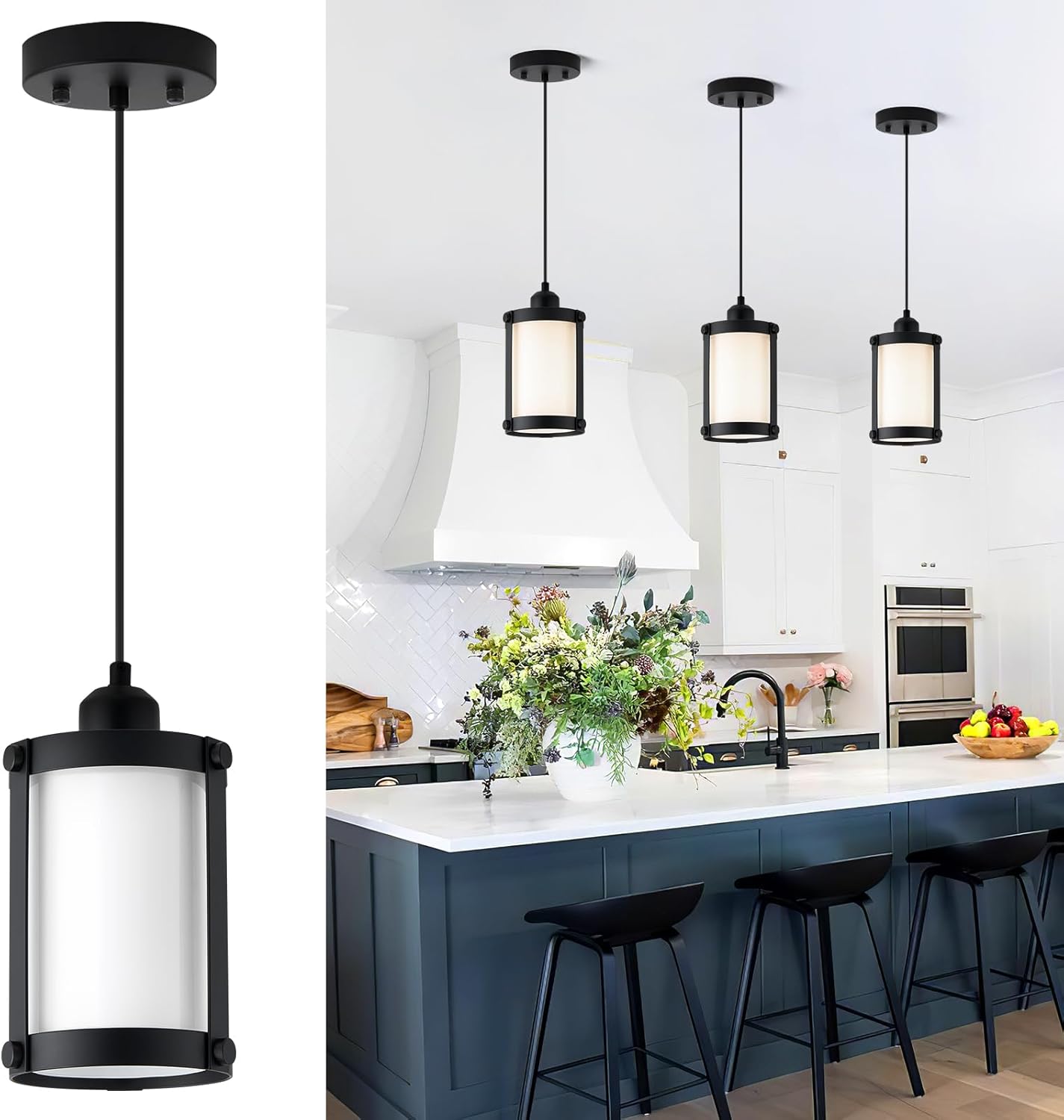 Modern Black Pendant Lights for Kitchen Island with Milk Glass
