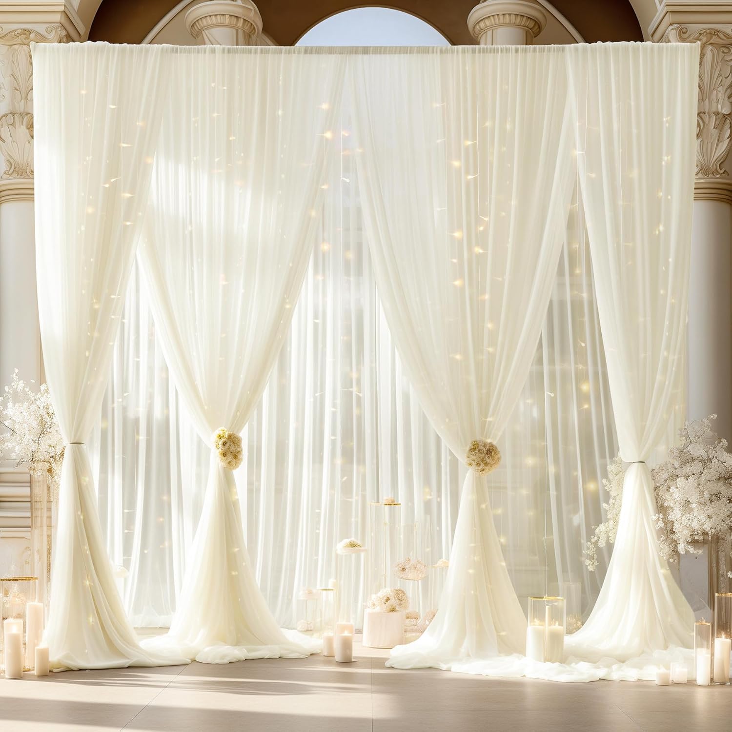30ft x 10ft Ivory Backdrop Curtain with Lights for Events
