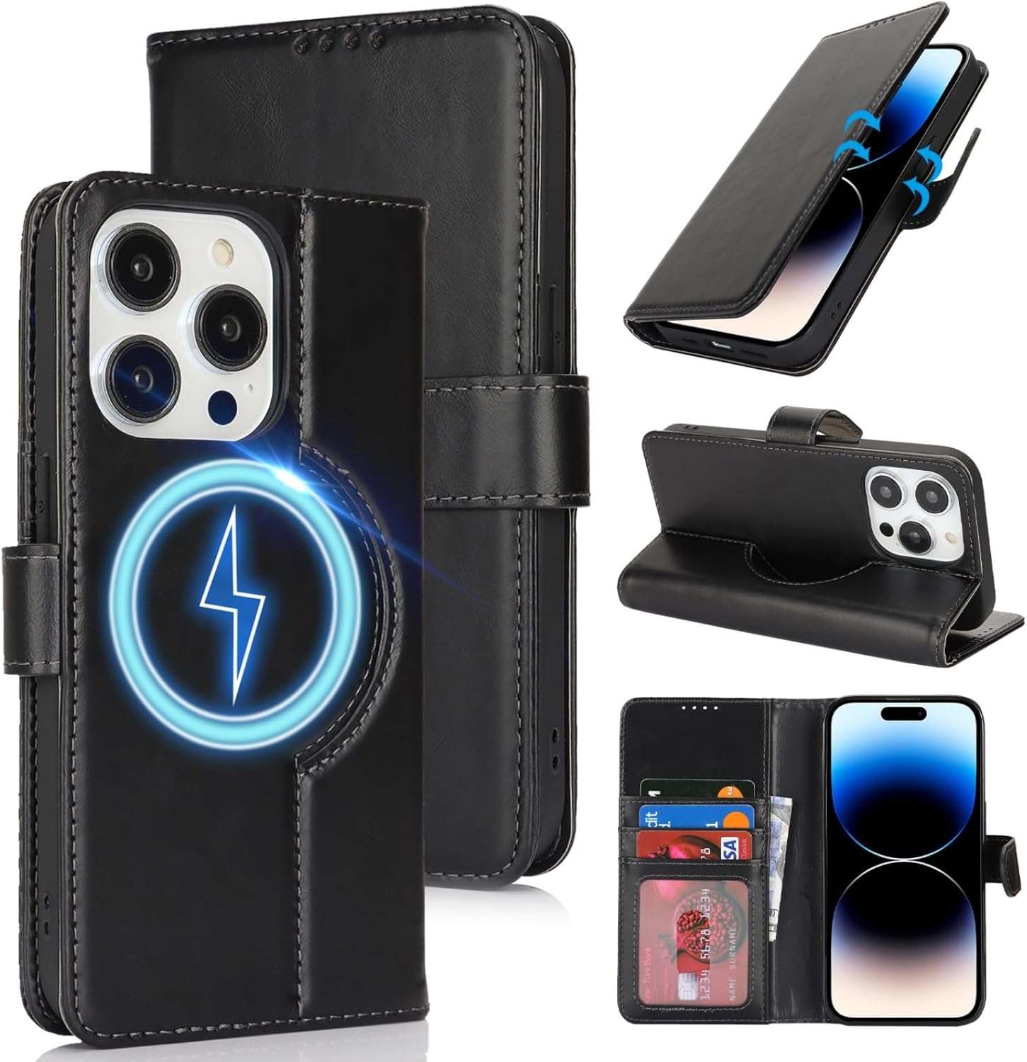 Genuine Leather Wallet Case for iPhone 14 Pro with Kickstand