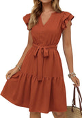 Women Flutter Sleeve Summer Dress V Neck Ruffle Knee Length - Flowy