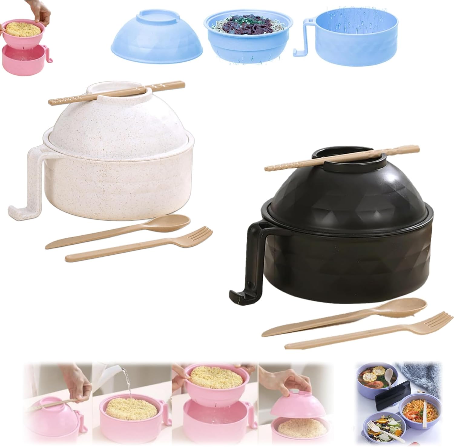 Quick Ramen Fix: Microwave Bowl Set - Strainer, Chopsticks