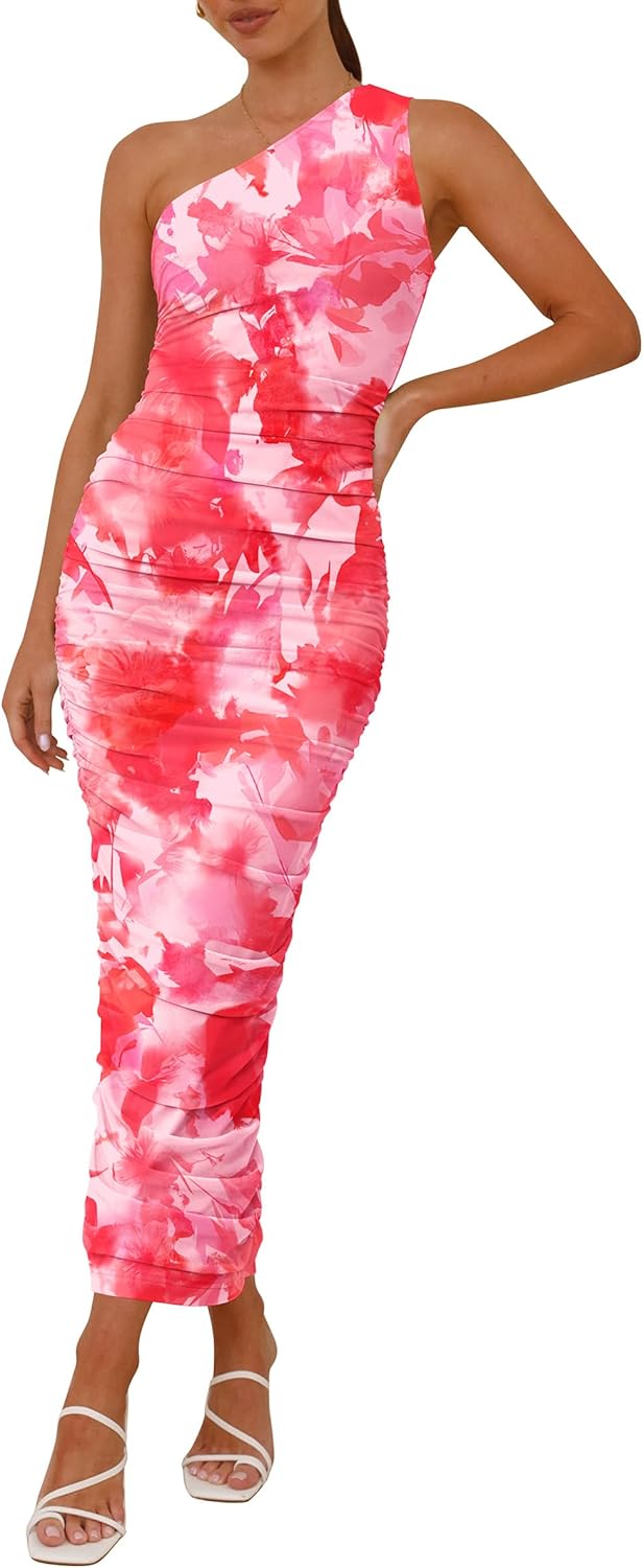 One Shoulder Bodycon Dress for Women - Floral Cocktail Style