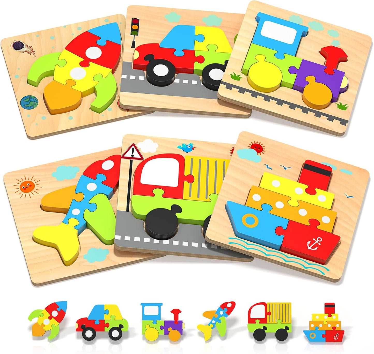 Montessori Wooden Vehicle Puzzles for Toddlers 1-3, Educational Sensory Toy Set