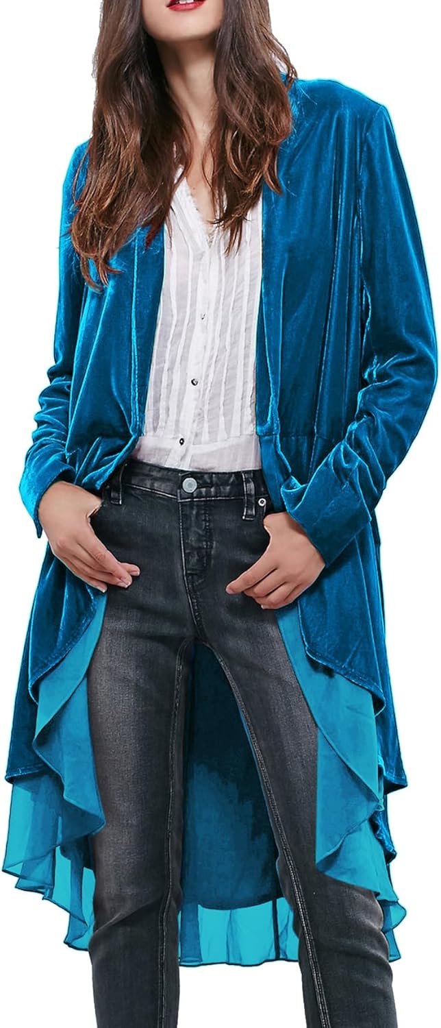 Ruffled Asymmetric Long Velvet Blazers Coat for Women