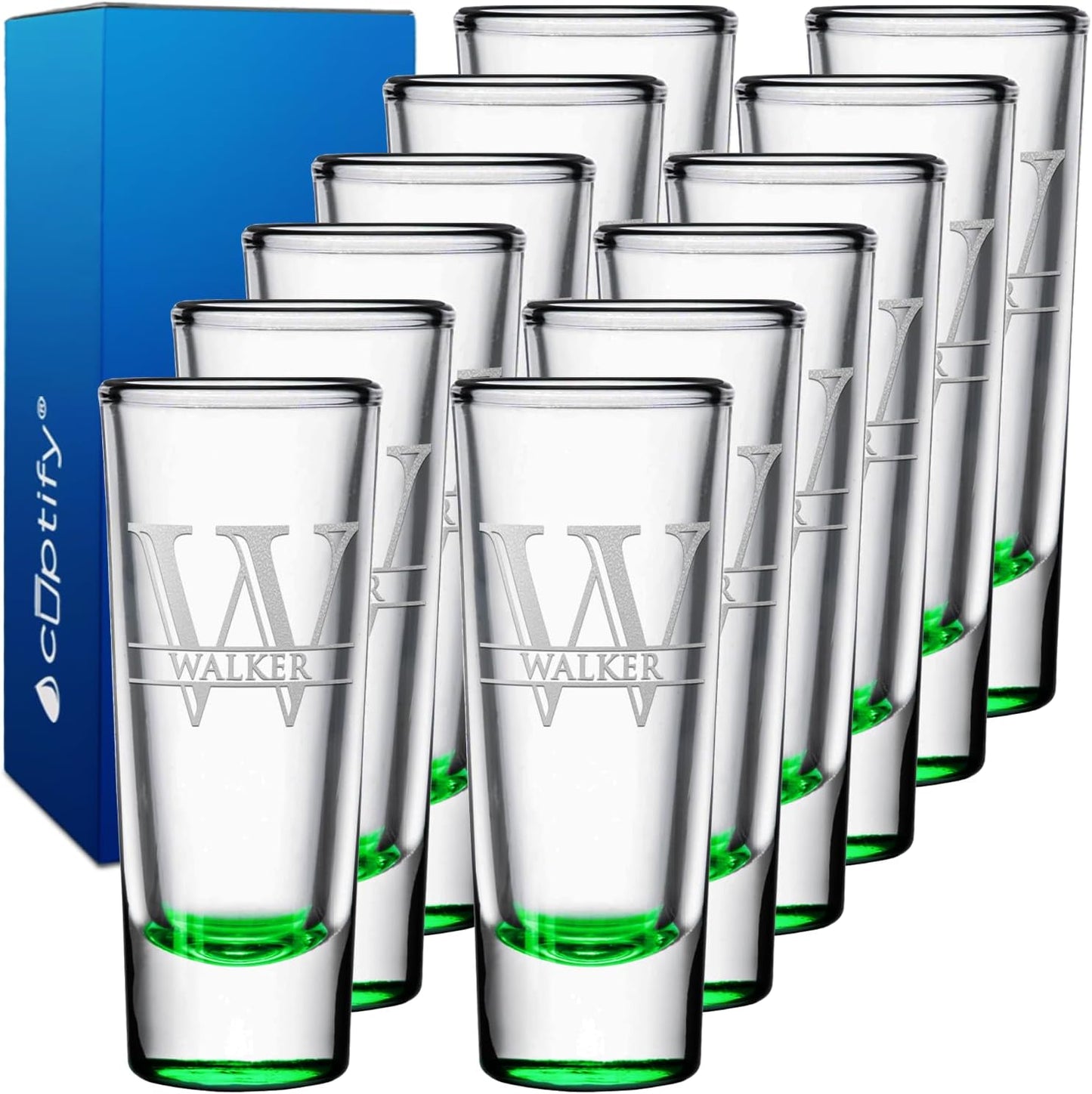 Personalized Shot Glasses Set of 12 with Elegant Green Bottom