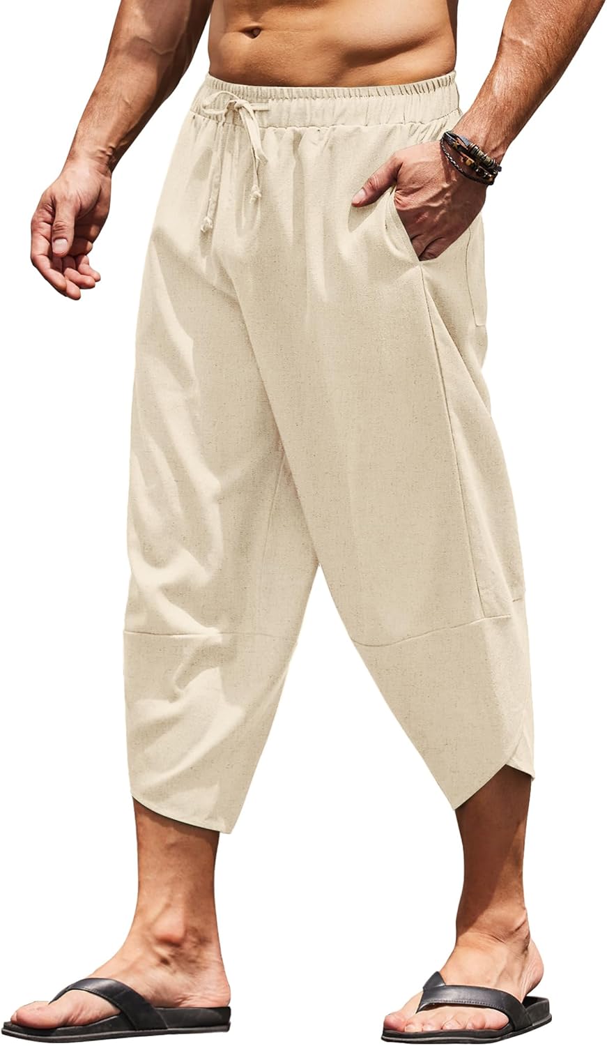 COOFANDY Men's Linen Harem Capri Pants for Casual Beach Wear