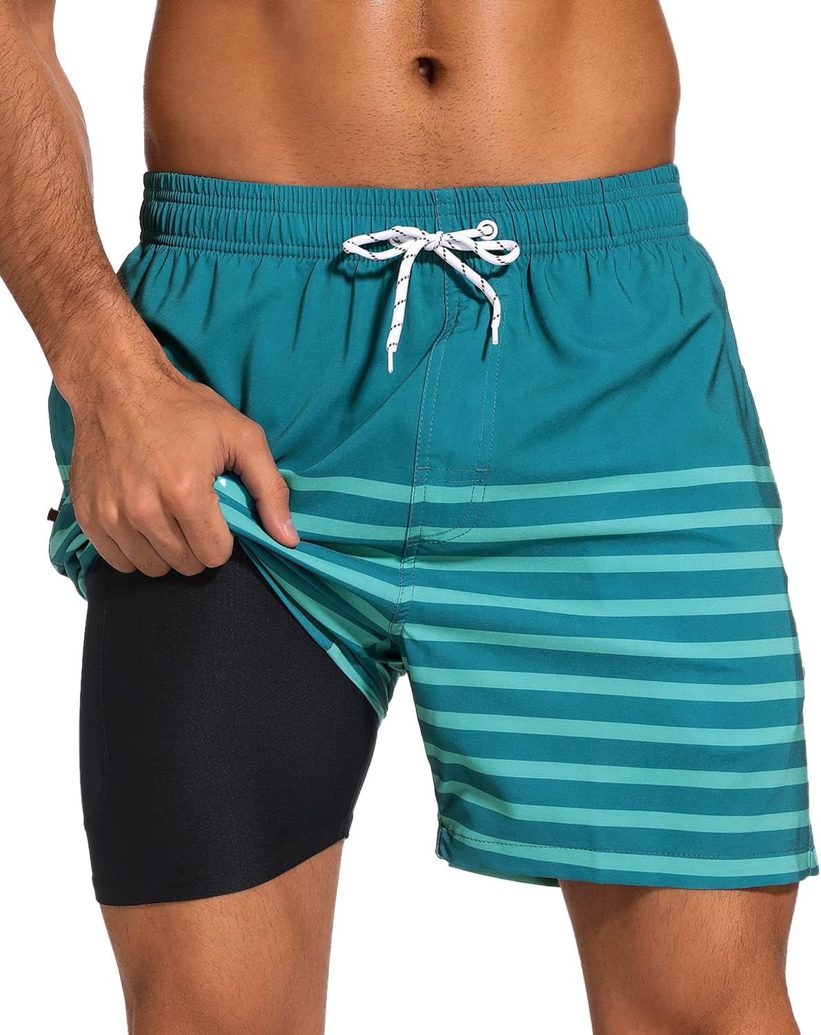 SILKWORLD Mens Swim Trunks with Compression Liner for Comfort