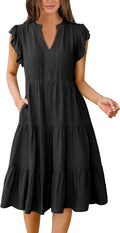 Womens Summer Ruffle Sleeve V Neck Midi Dress - Flowing Tiered Fit