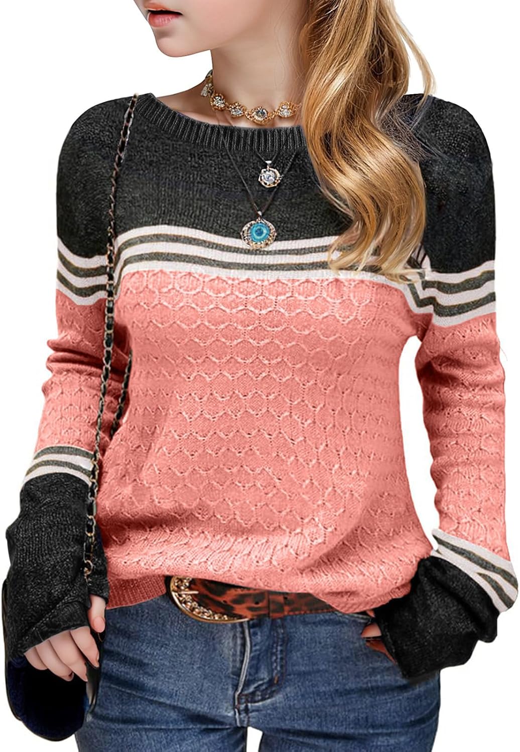 Girls Winter Sweaters Long Sleeve Round Neck Color Block Tops
