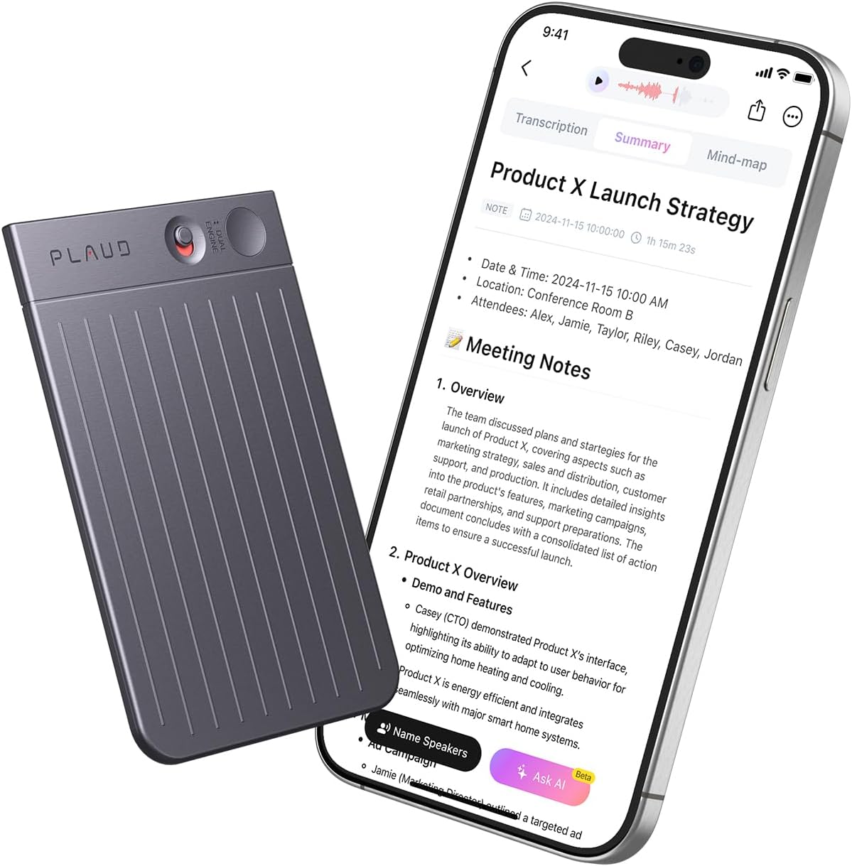 Plaud Note AI Voice Recorder with Transcription & Summarization