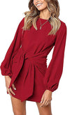 Women's Long Lantern Sleeve Tie Waist Short Dress - Knit Crewneck