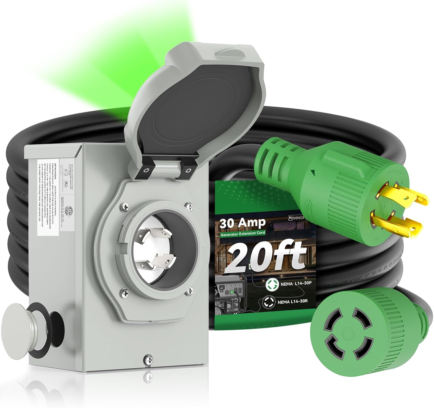 30 Amp Generator Cord and Inlet Box Waterproof Combo Kit