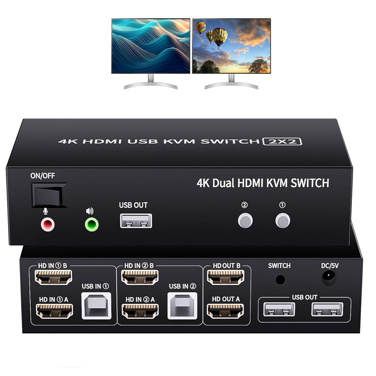 2 Ports Dual Monitor KVM Switch for 2 Computers with 4K@60Hz