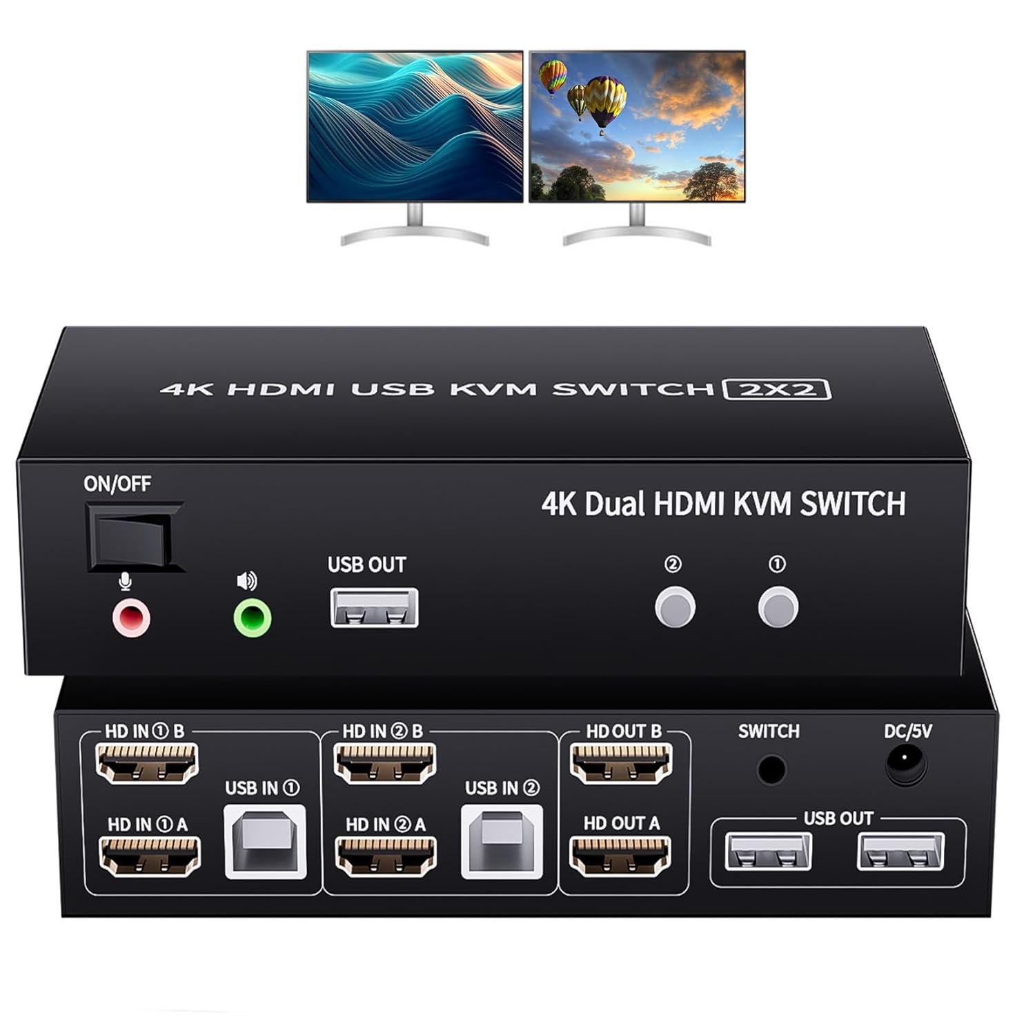 2 Ports Dual Monitor KVM Switch for 2 Computers with 4K@60Hz