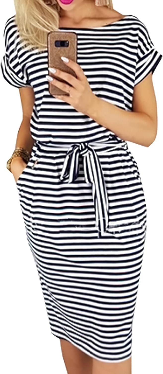 PRETTYGARDEN Women's Summer Short Sleeve Striped Dress with Pockets