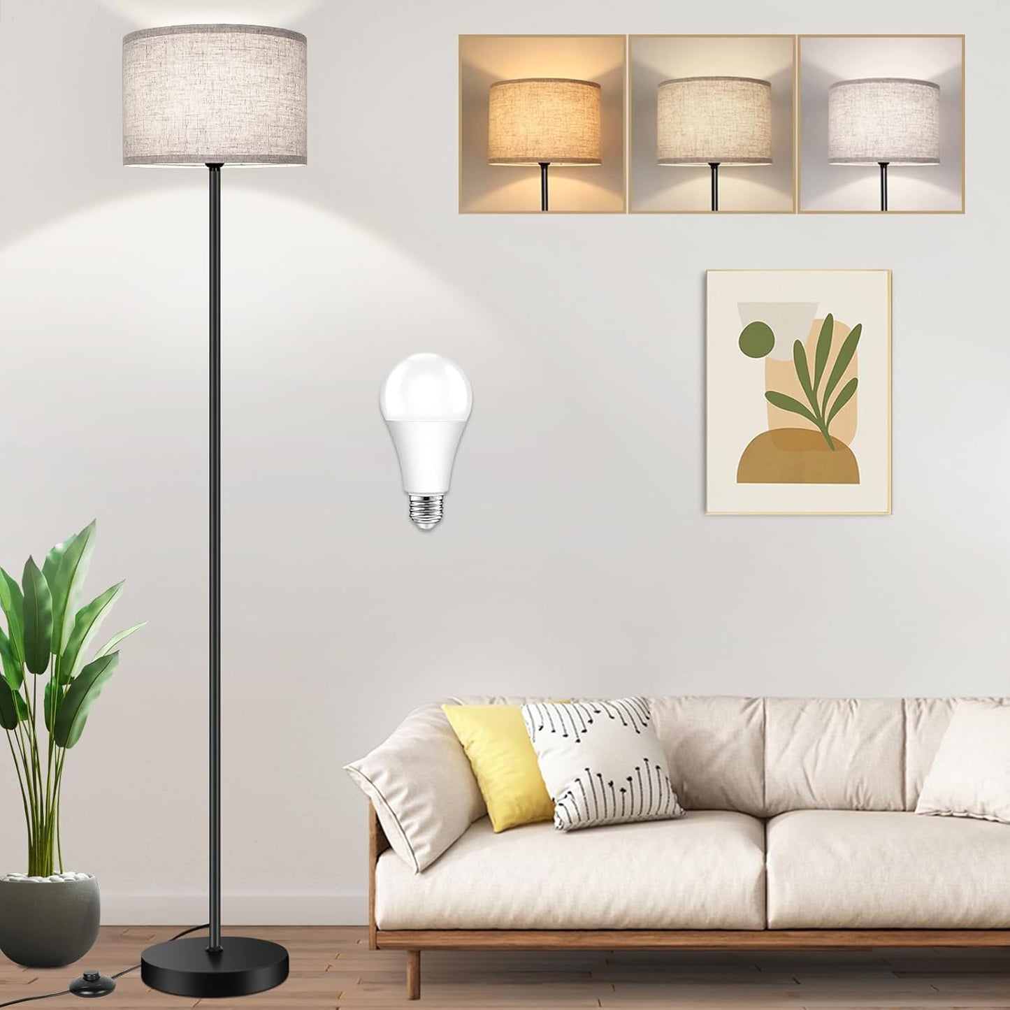 Modern Floor Lamp with Drum Shade for Living Room and Office
