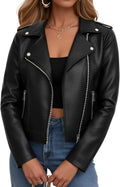 Women Leather Jacket Faux Cropped Moto Coat - Edgy Casual Layer