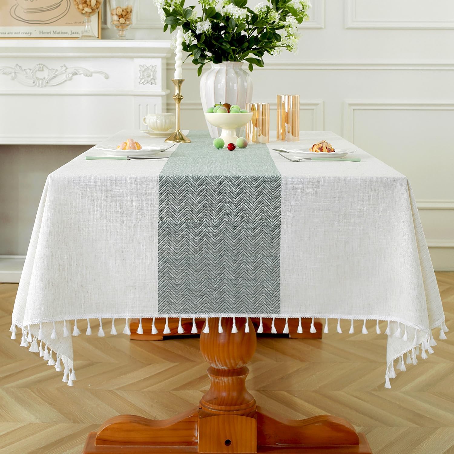 Laolitou Rectangle Tablecloth for Dining Table - Rustic Green Stripe