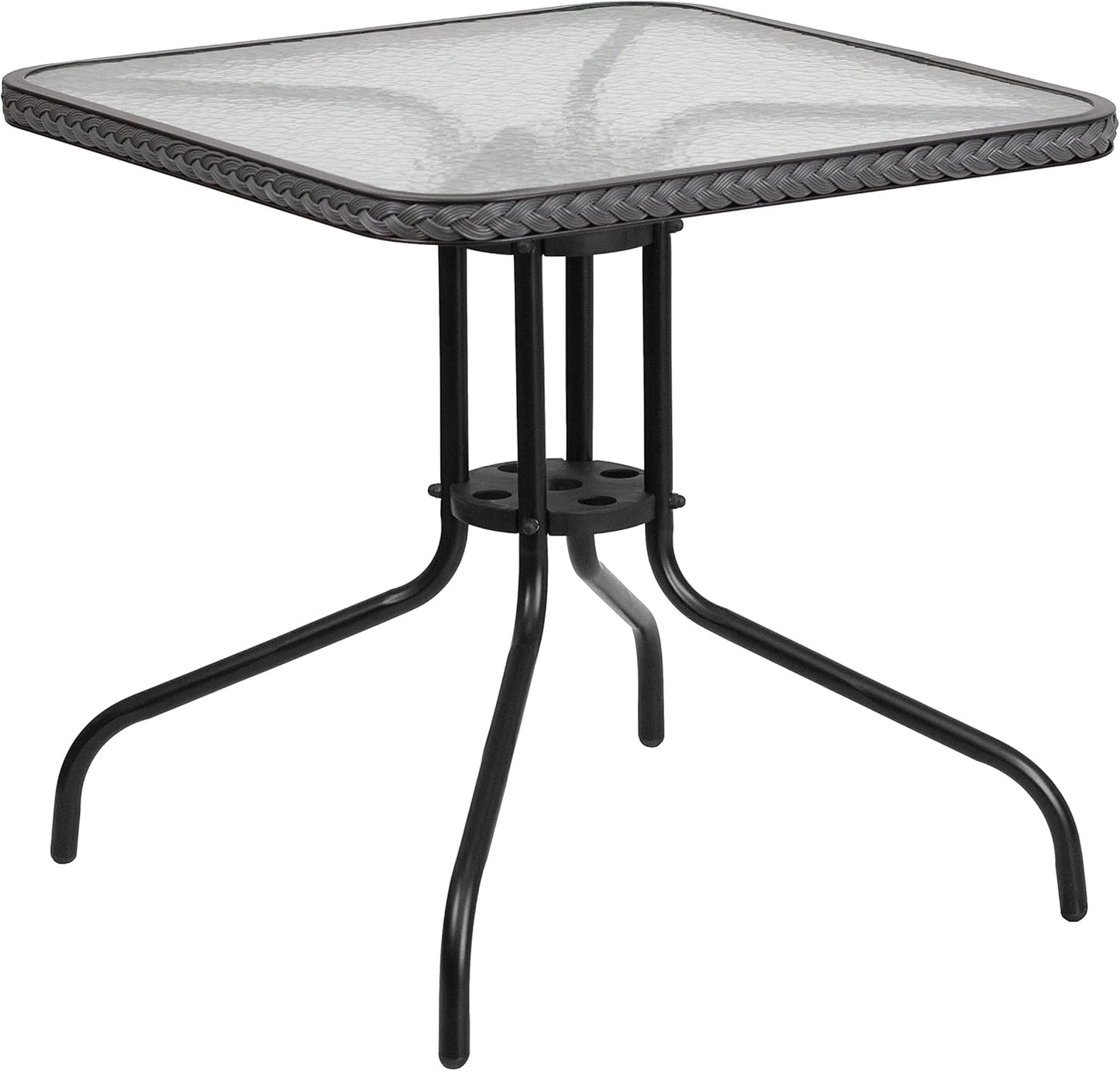 28ft' Square Tempered Glass Metal Table with Rattan Edging