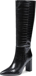 Knee High Boots Women Wide Calf Pointed Toe Chunky Heel - Stylish