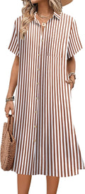 Womens Linen-Blend Midi Shirt Dress with Pockets - Casual Summer