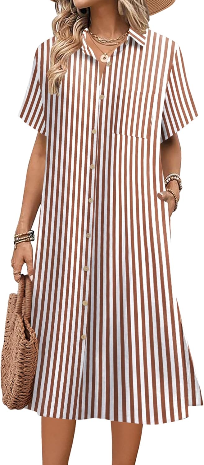 HOTOUCH Womens Summer Dress Casual Midi Short Sleeve Shirt