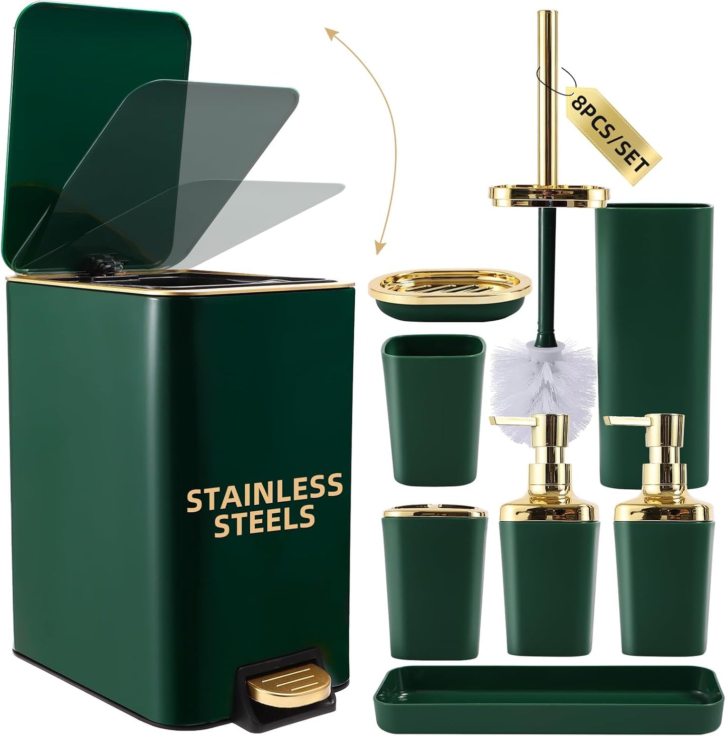 Luxurious Dark Green and Gold Bathroom Accessories Set Complete