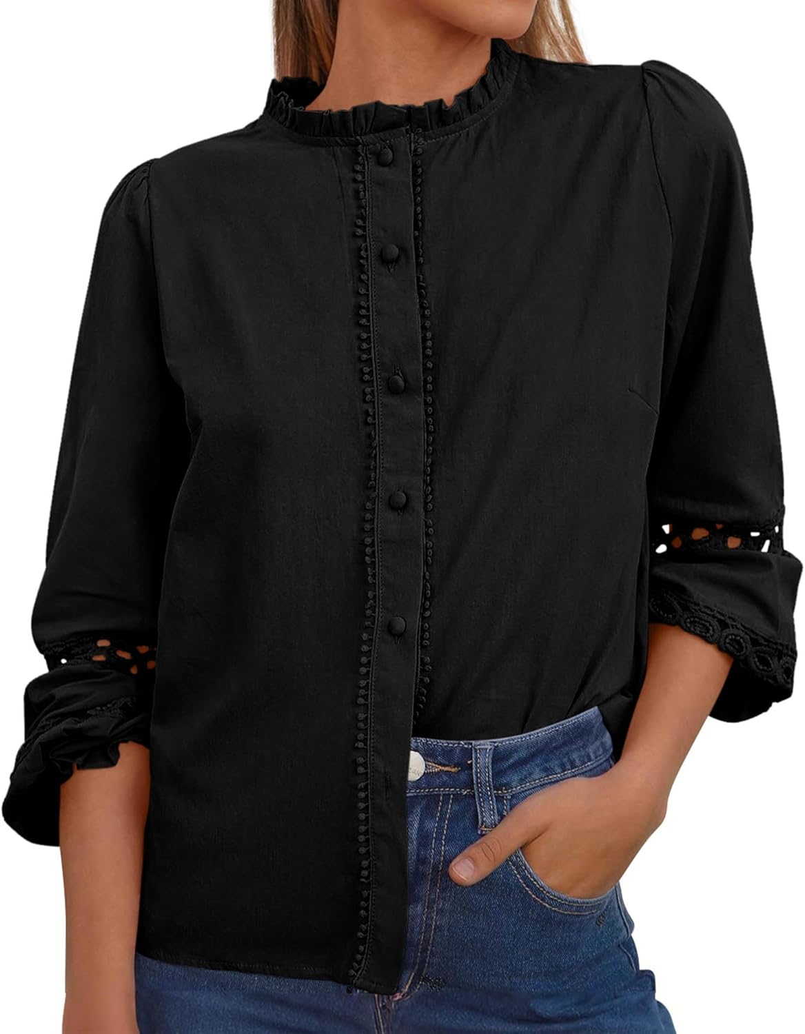 KIRUNDO Boho Cotton Eyelet Long Sleeve Button Up Shirt for Women