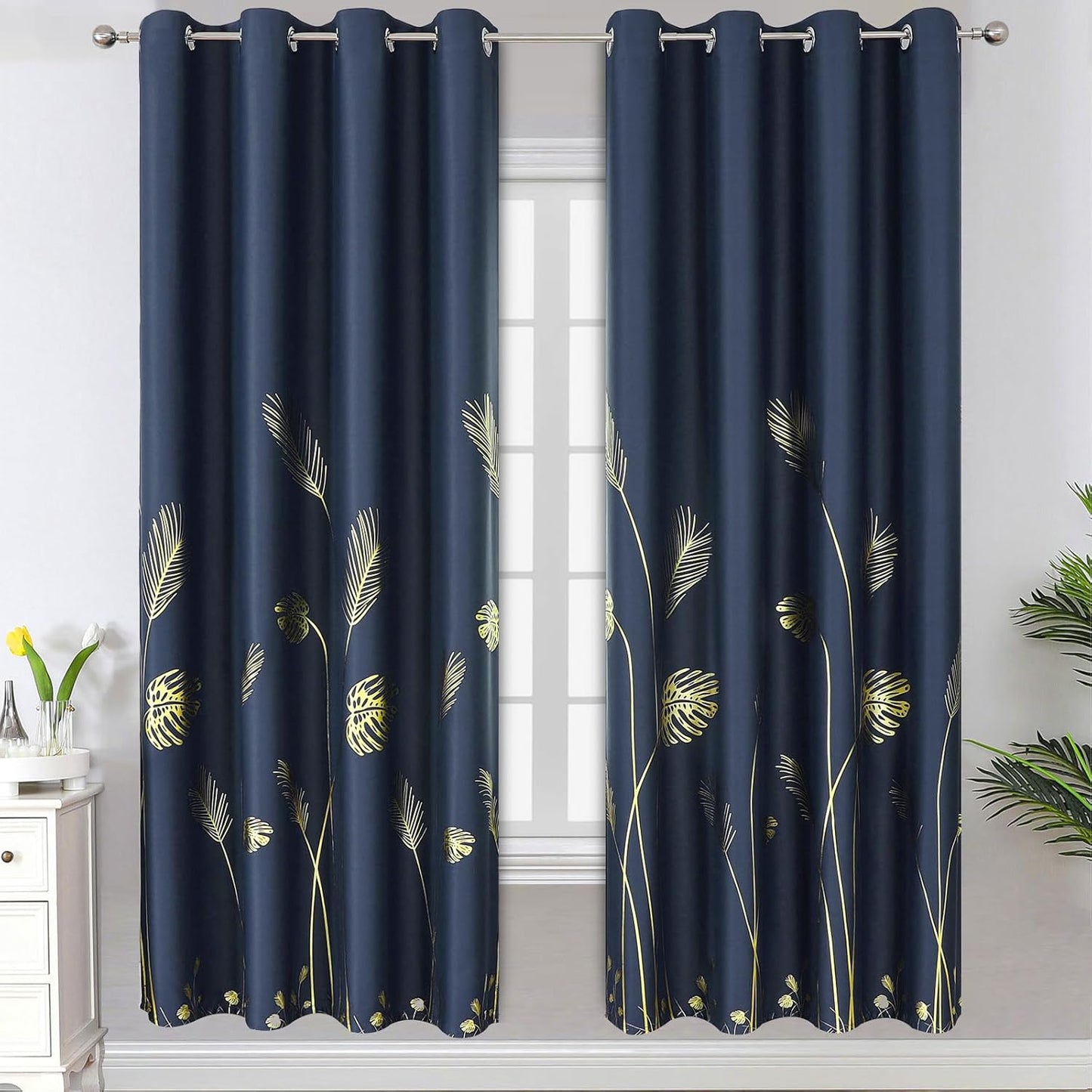 Navy Blue and Gold Blackout Curtains with Palm Tree Pattern