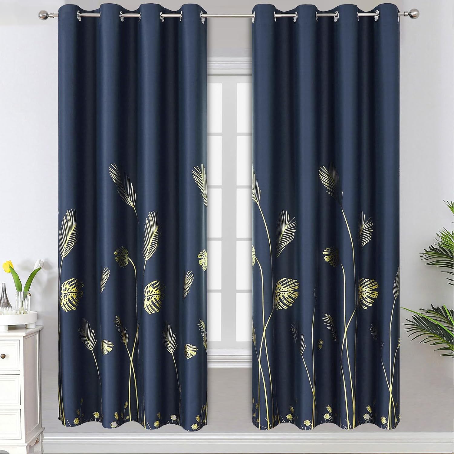 Navy Blue and Gold Blackout Curtains with Palm Tree Pattern