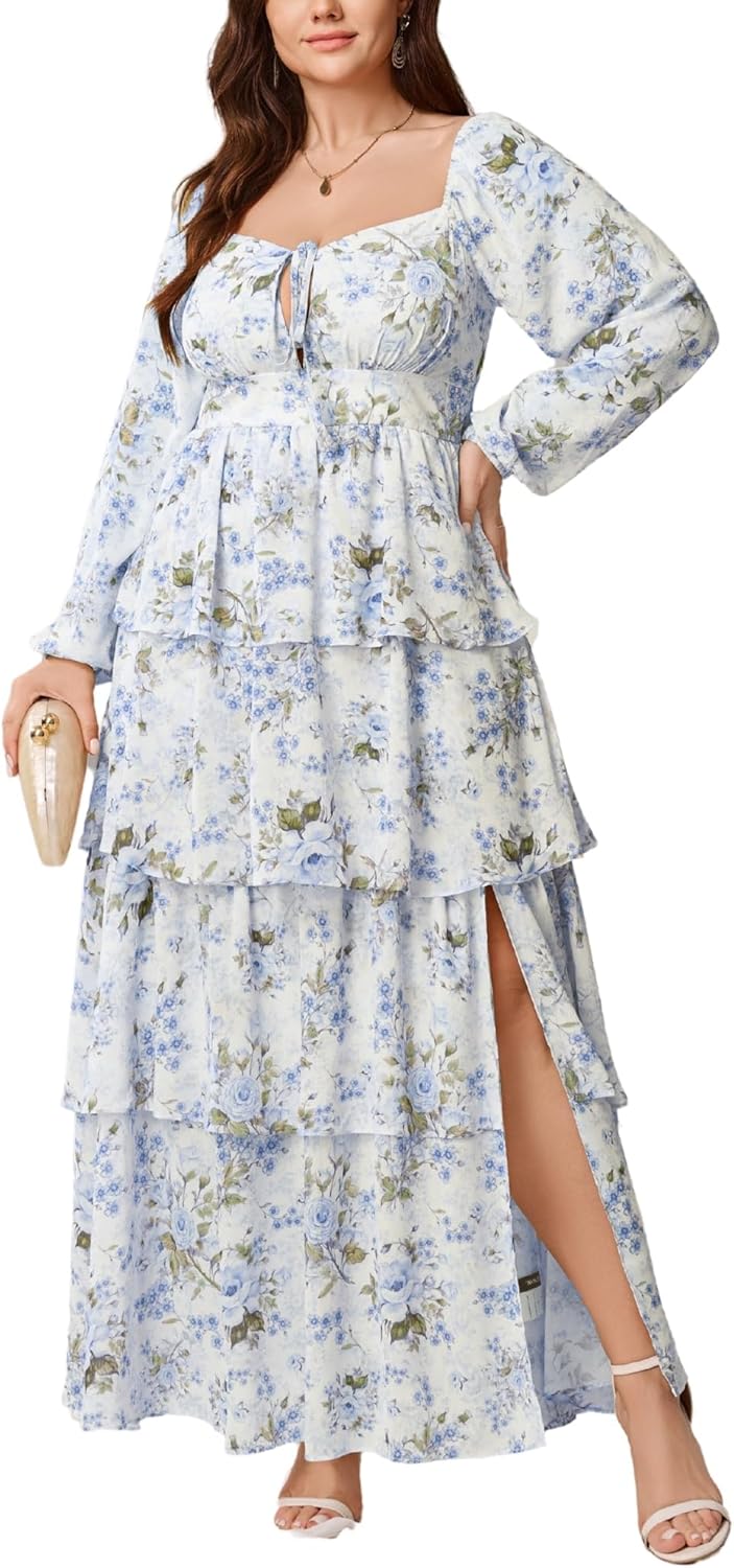 Womens Plus Size Floral Tiered Ruffle Long Sleeve Dress