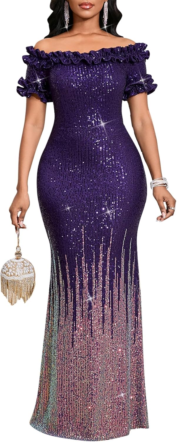 Women Sexy Sequin Off Shoulder Ruffle Bodycon Mermaid Dress