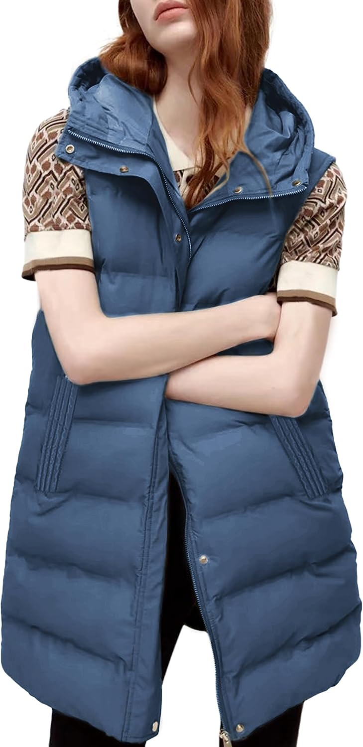 Long Puffer Vest for Women - Casual Sleeveless Puffy Jacket