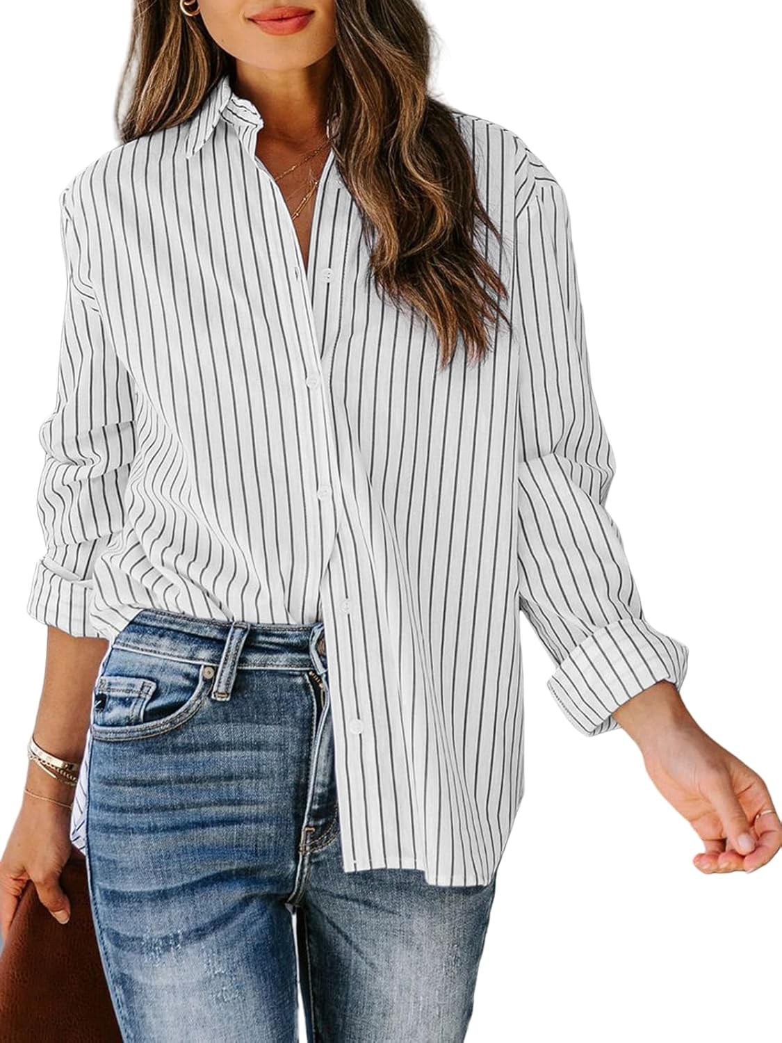 Womens Button Down Shirts Cotton Striped Dress Shirt Long Sleeve