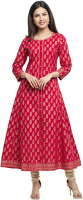 Indian Tunic Cotton Gold Print Anarkali Kurti (Red) - Festive Wear