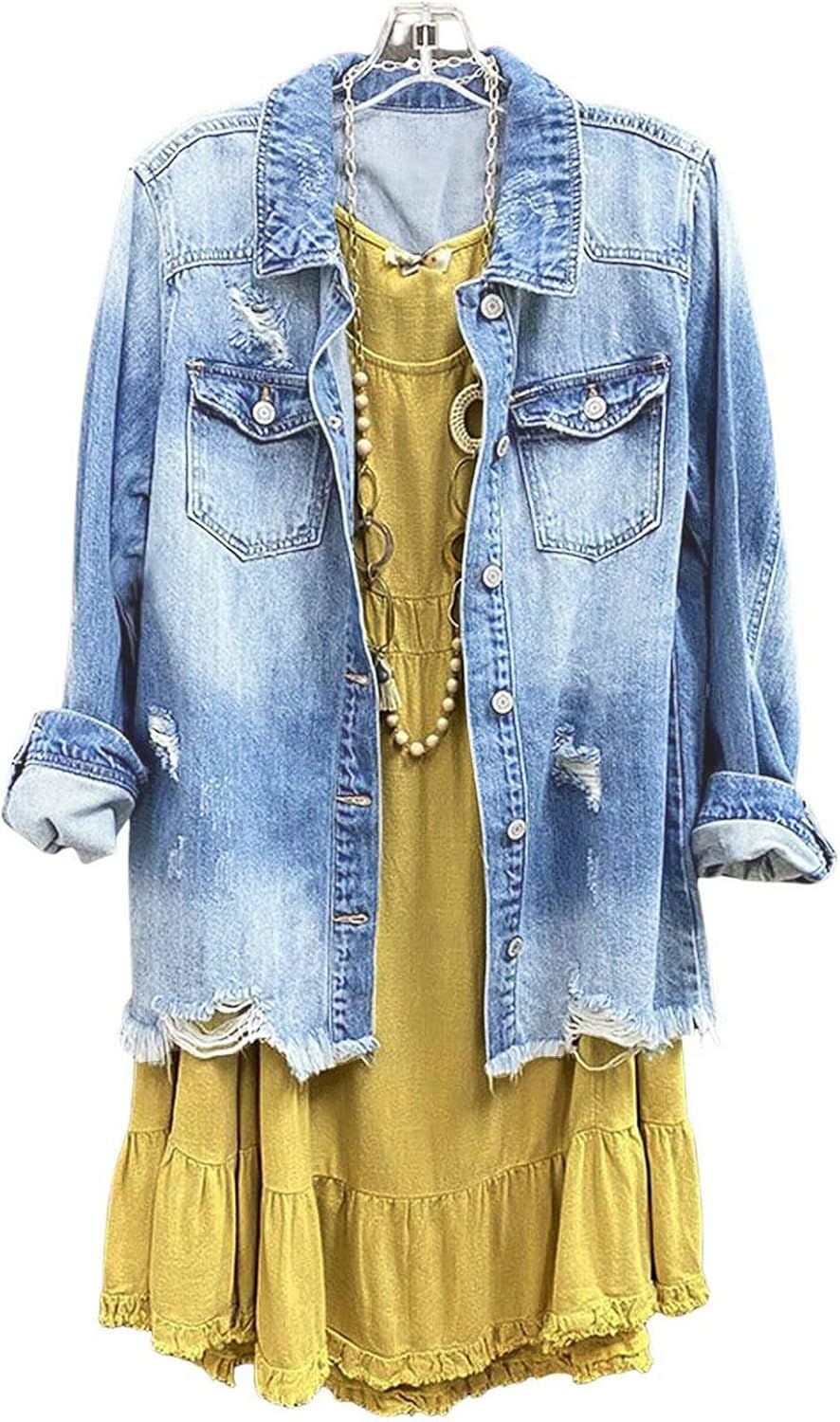 Women Denim Shirt Jacket Long Sleeve Distressed Shacket Coat