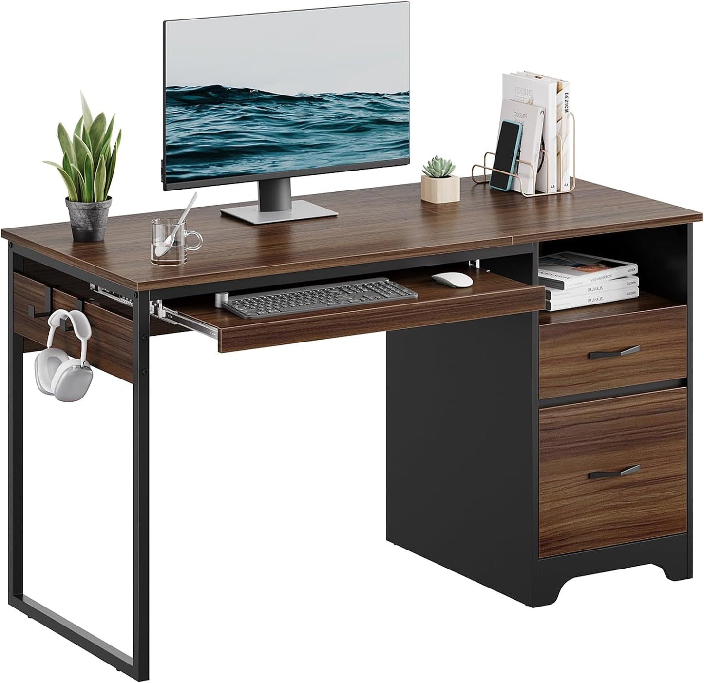 Industrial Wood Desk with Storage & Keyboard Tray