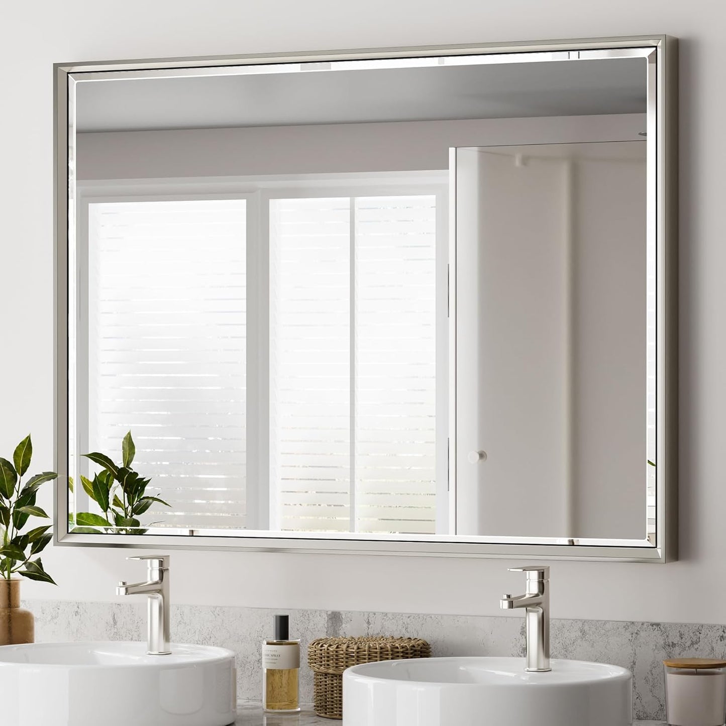 40 x 30 Brushed Nickel Bathroom Mirror with Beveled Frame