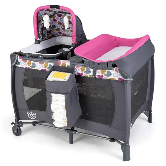 5 in 1 Pink Pack and Play for Baby Girls with Bassinet & More