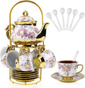 Porcelain 20-Piece Tea Set with Metal Holder - Elegant Purple Floral