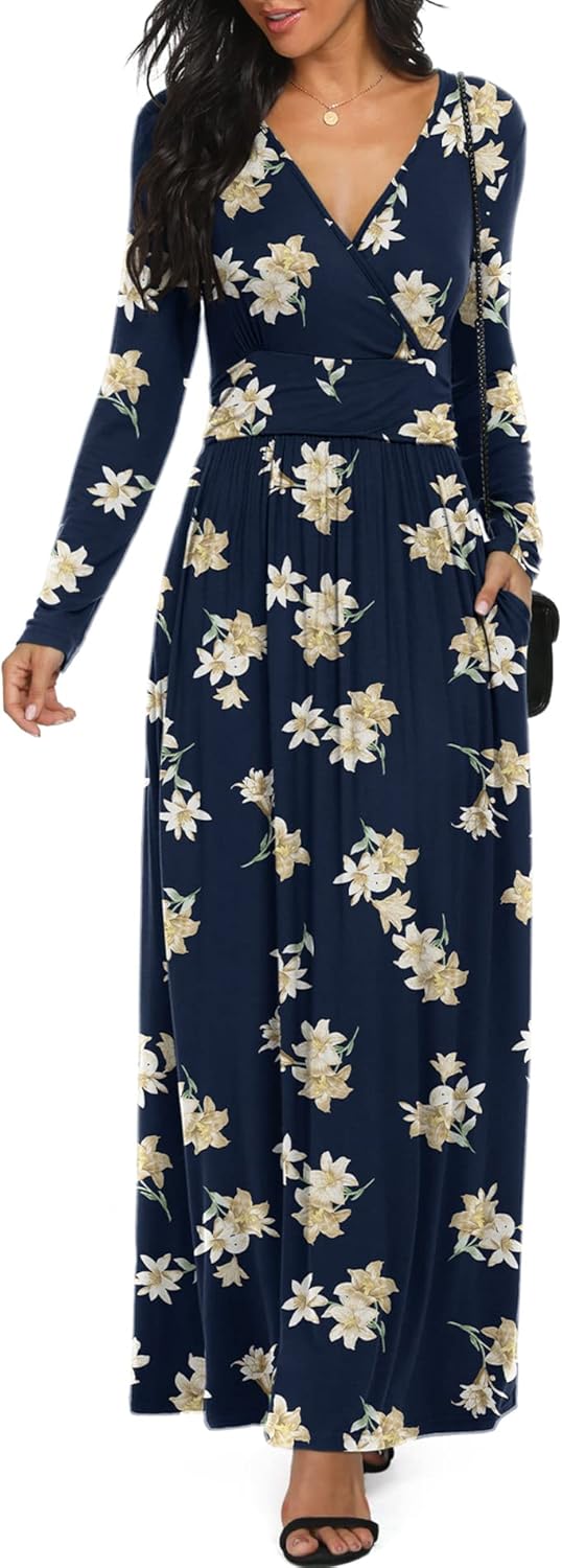 LILBETTER Women Long Sleeve Deep V Neck Maxi Casual Dress