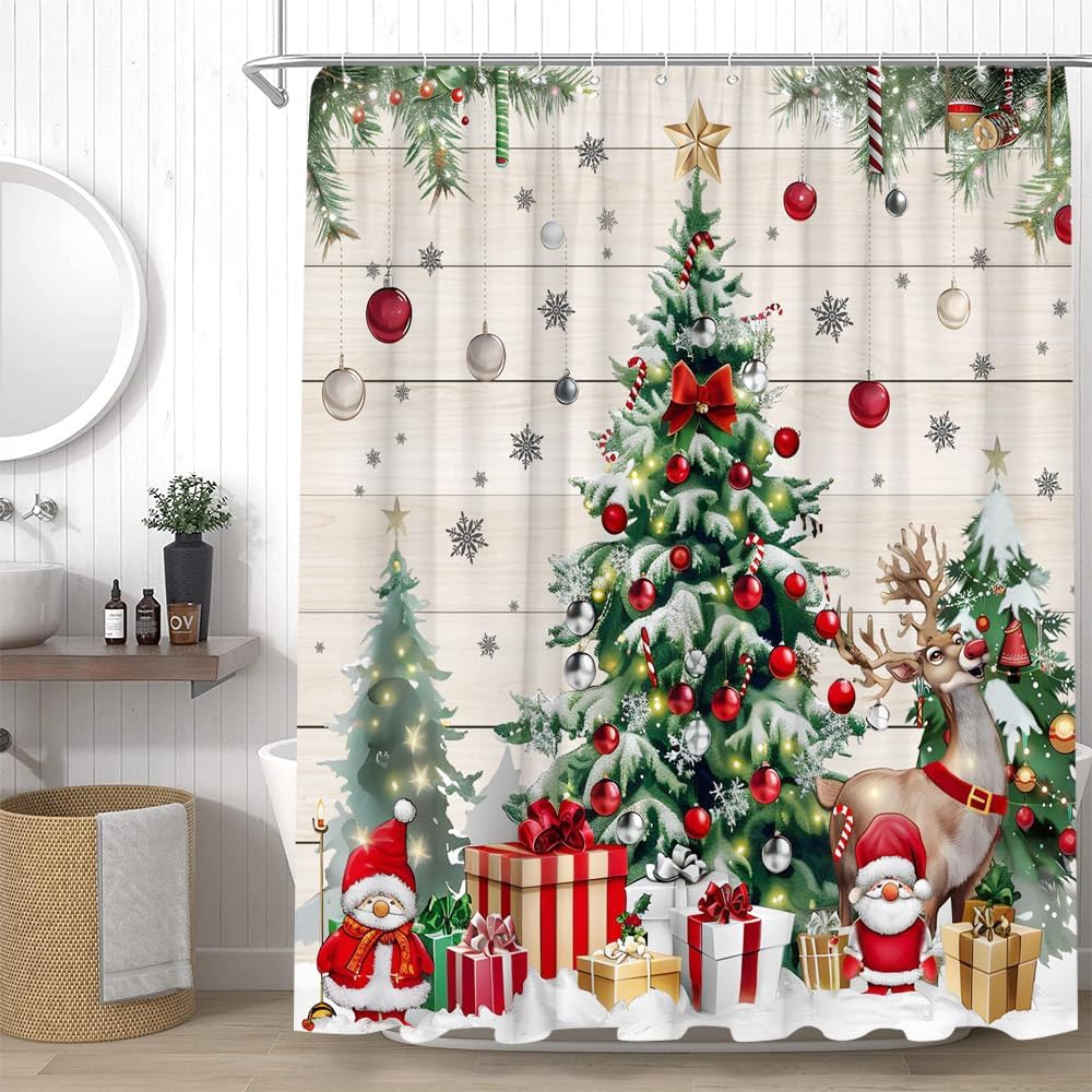 Winter Farmhouse Christmas Shower Curtain Set - Festive Bathroom Decor