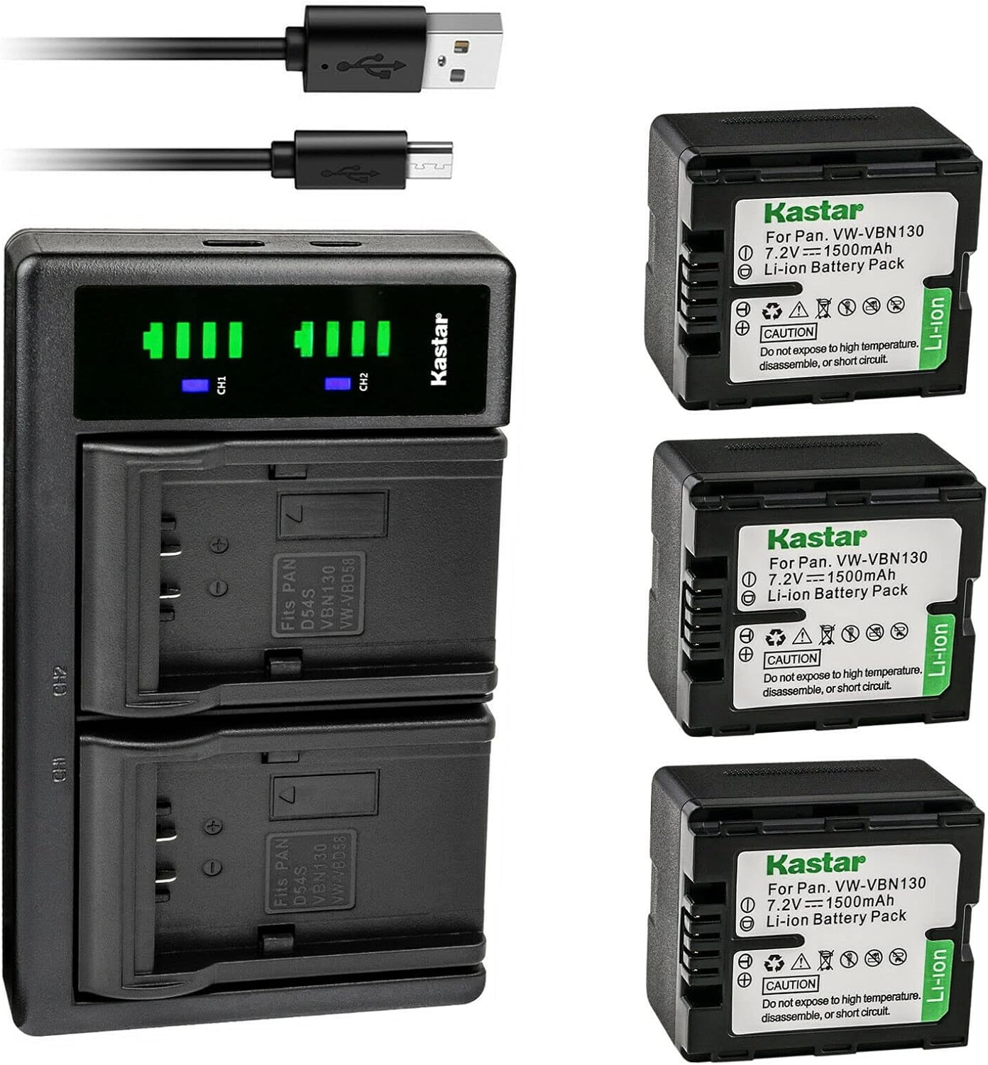 Kastar 3-Pack VW-VBN130 Battery and USB Charger for Panasonic