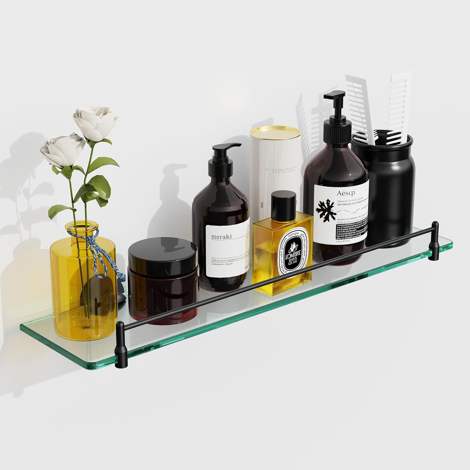 20-Inch Black Floating Glass Shelves for Modern Bathroom Decor