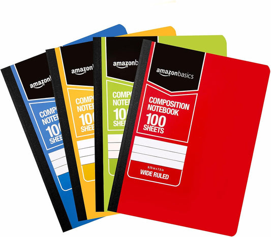 Basics 4-Pack Wide Ruled Notebooks, 100 Sheets, Assorted Colors