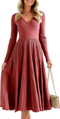 Womens Long Sleeve Knit Midi Sweater Dress - Elegant Pleated Hem