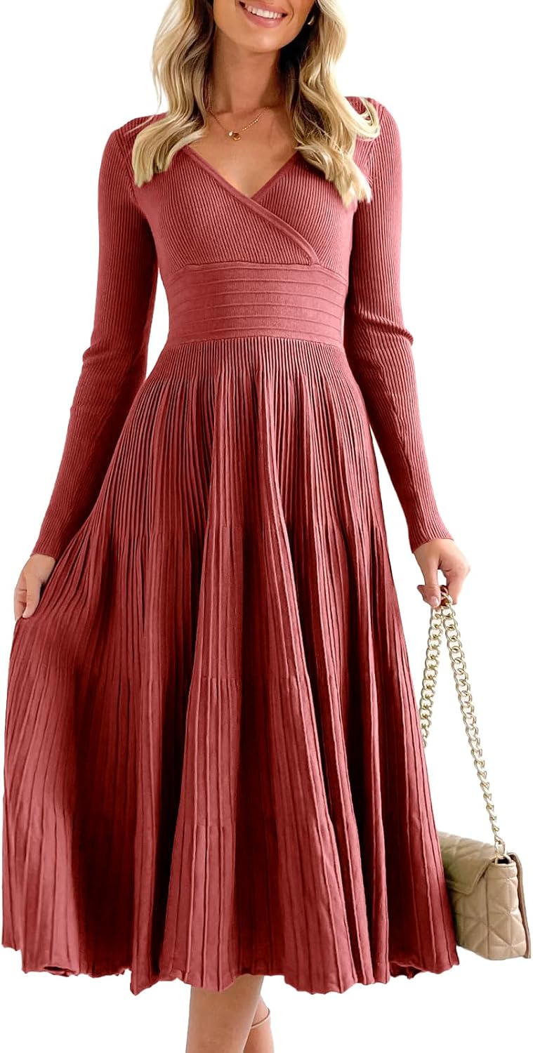 Elegant Midi Sweater Dress for Women - V Neck Fit Flare Style