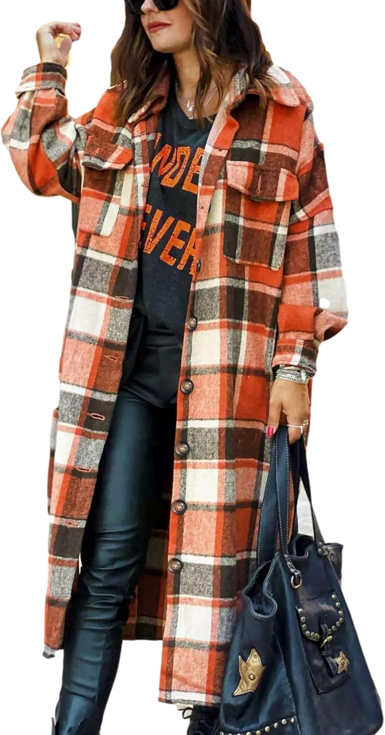 Himosyber Women's Casual Plaid Lapel Woolen Shacket Coat Review