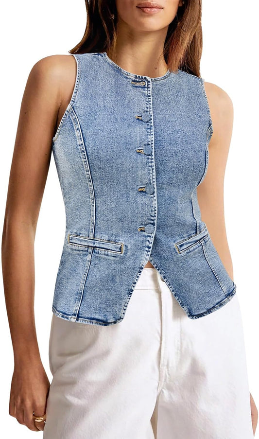Trendy Womens Button Down Denim Vest Tops for Summer Style